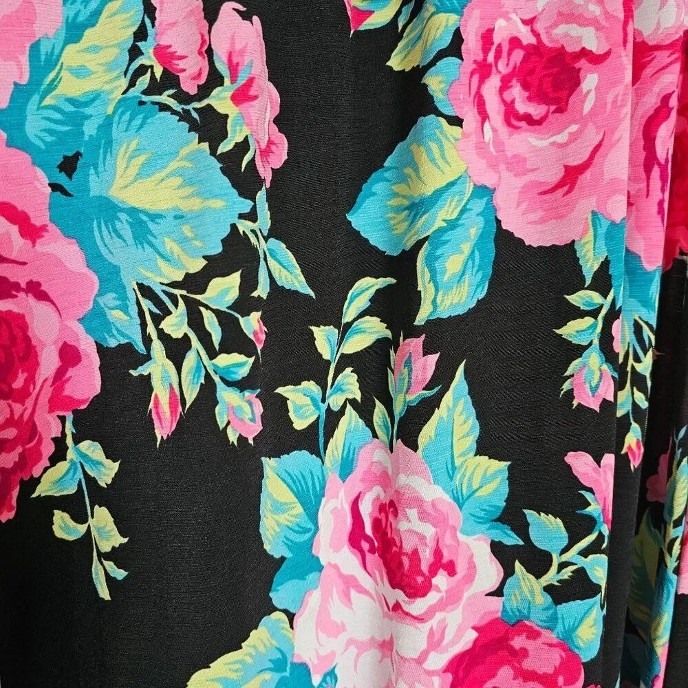 Black and Pink Floral Off the Shoulder Midi Dress Womens Size S Bump Friendly